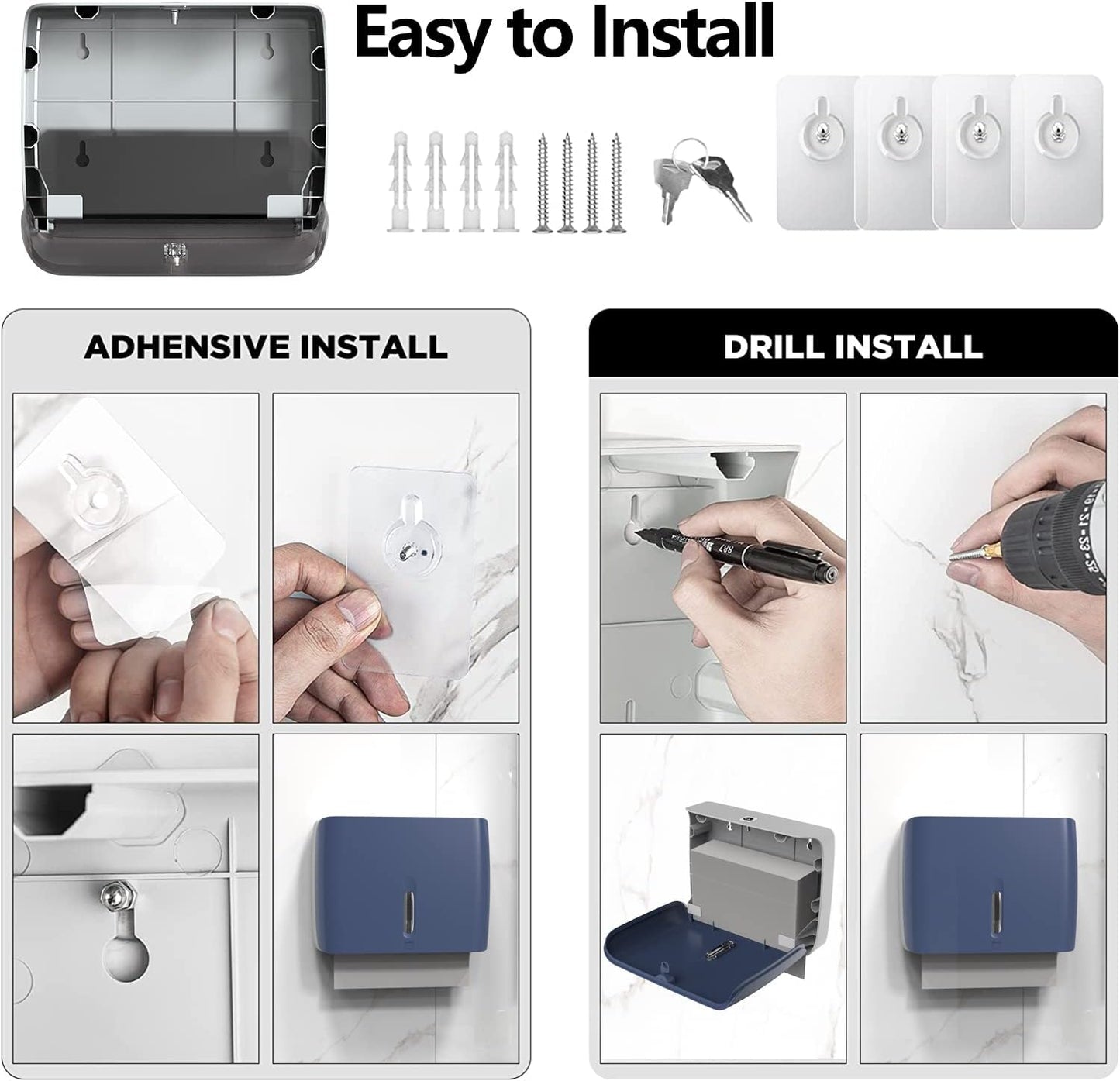 Paper Towel Dispenser Wall Mount,Capacity 200+ Sheets ZFold Tri Fold Blue Adhesive No Drilling or