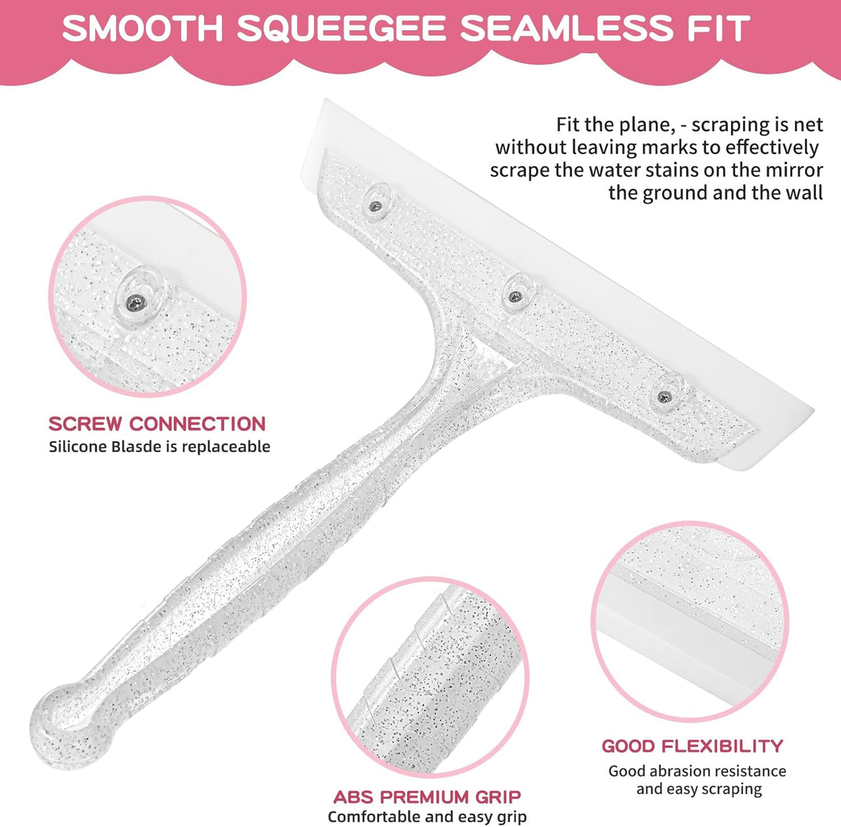 Shower Squeegee for Glass Doors, Bathroom Squeegee for Shower, Window Squeegee - Silver Comb and