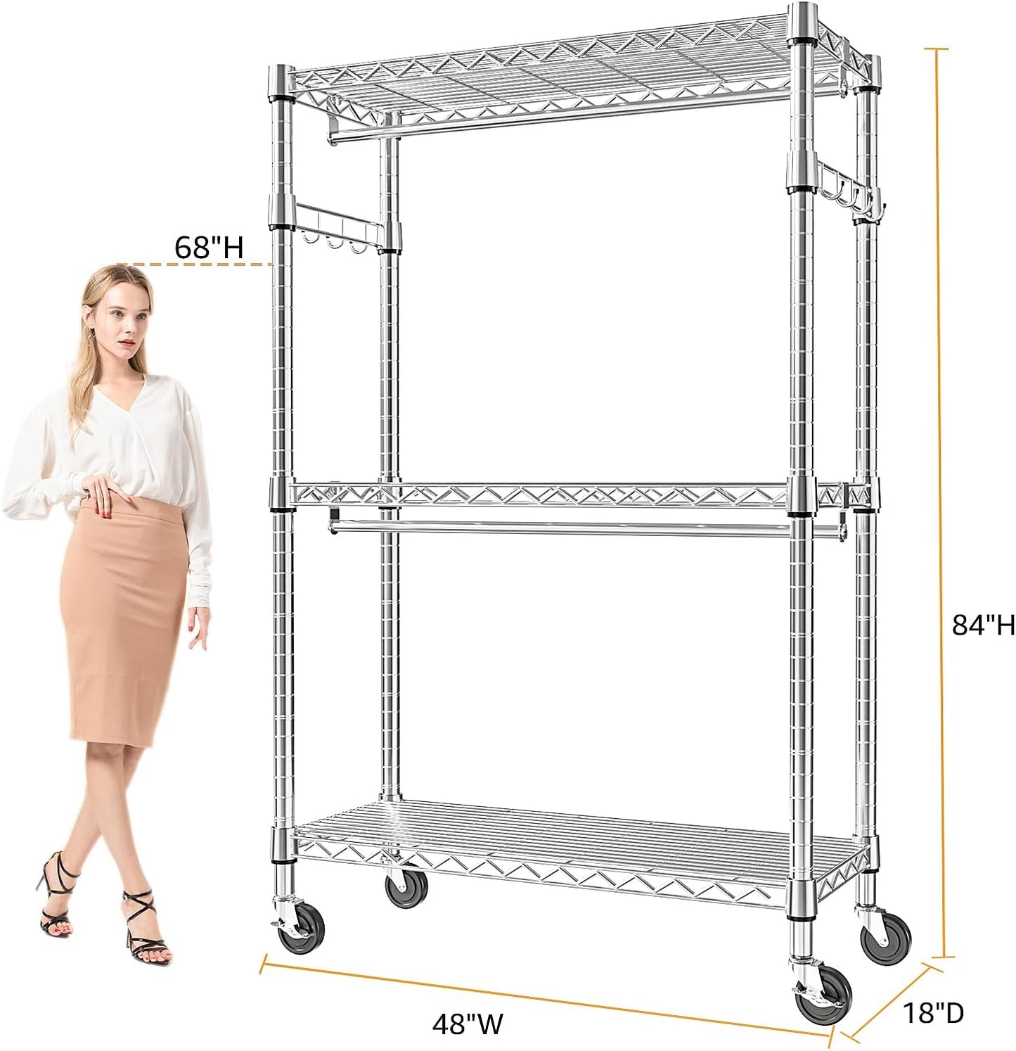 Heavy Duty Rolling Garment Rack 3 Tiers Adjustable Wire Shelving Clothes Rack with 2 Rods and Side