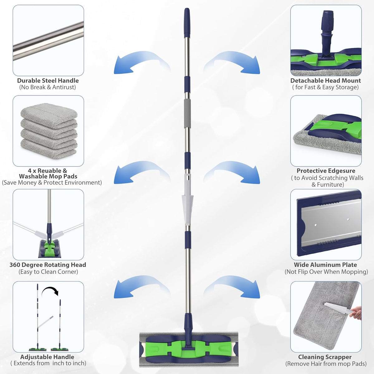 MEXERRIS Microfiber Mops for Hardwood Laminate Tile Floor Cleaning: Stainless Steel Handle - 4