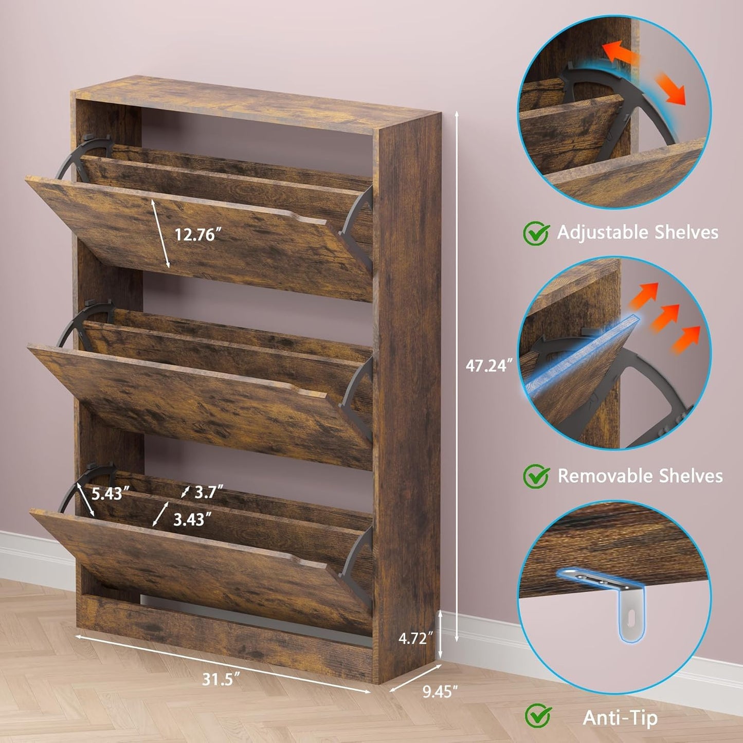 Shoe Cabinet with 3 Flip Drawers, Hidden Wood Shoe Cabinet,Freestanding Shoe Storage Cabinet for