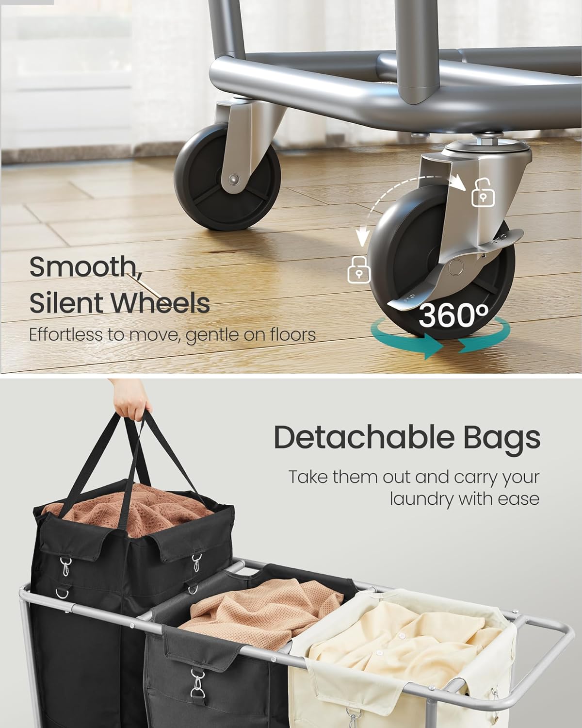 SONGMICS Laundry Basket with Wheels, 76.6 Gallons (290 L), 3-Section Rolling Laundry Hamper with