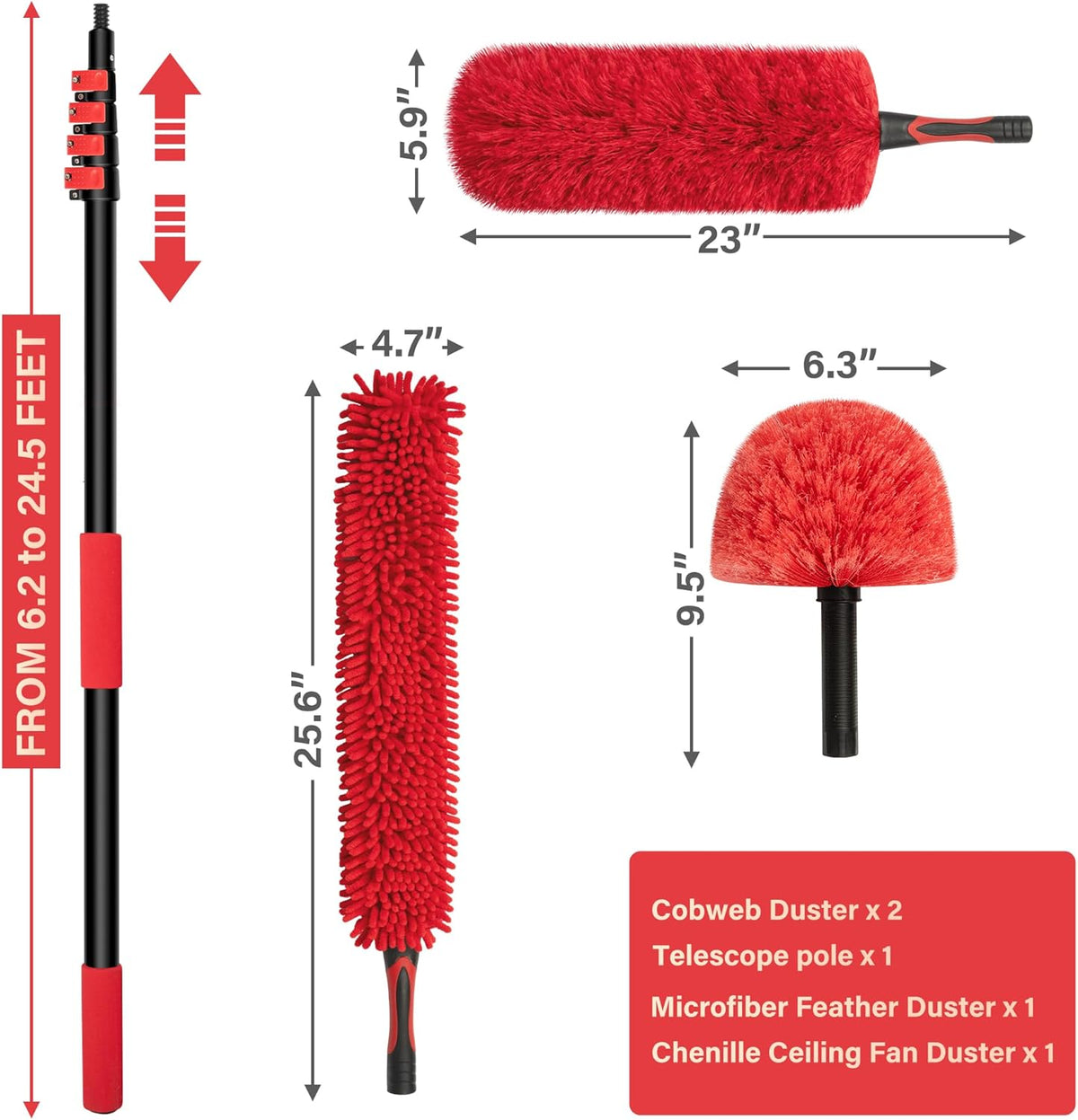 7-24 FT Extension Pole with 2 Outdoor Cobweb Brushes, 30 FT High Reach Ceiling Fan Cleaner Duster