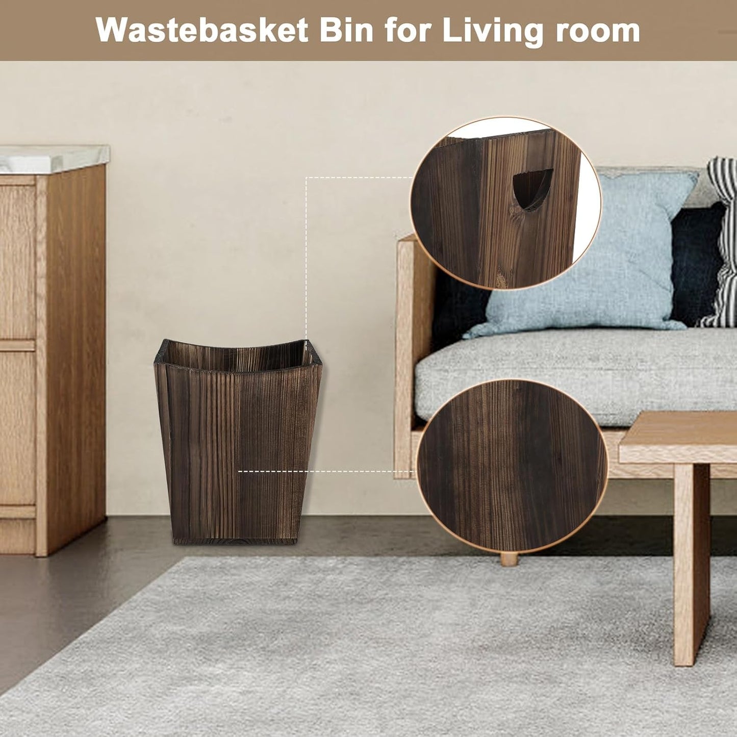 SEHERTIWY Wood Trash Can, Farmhouse Wastebasket Bin for Bathroom, Office, Bedroom, Living Room