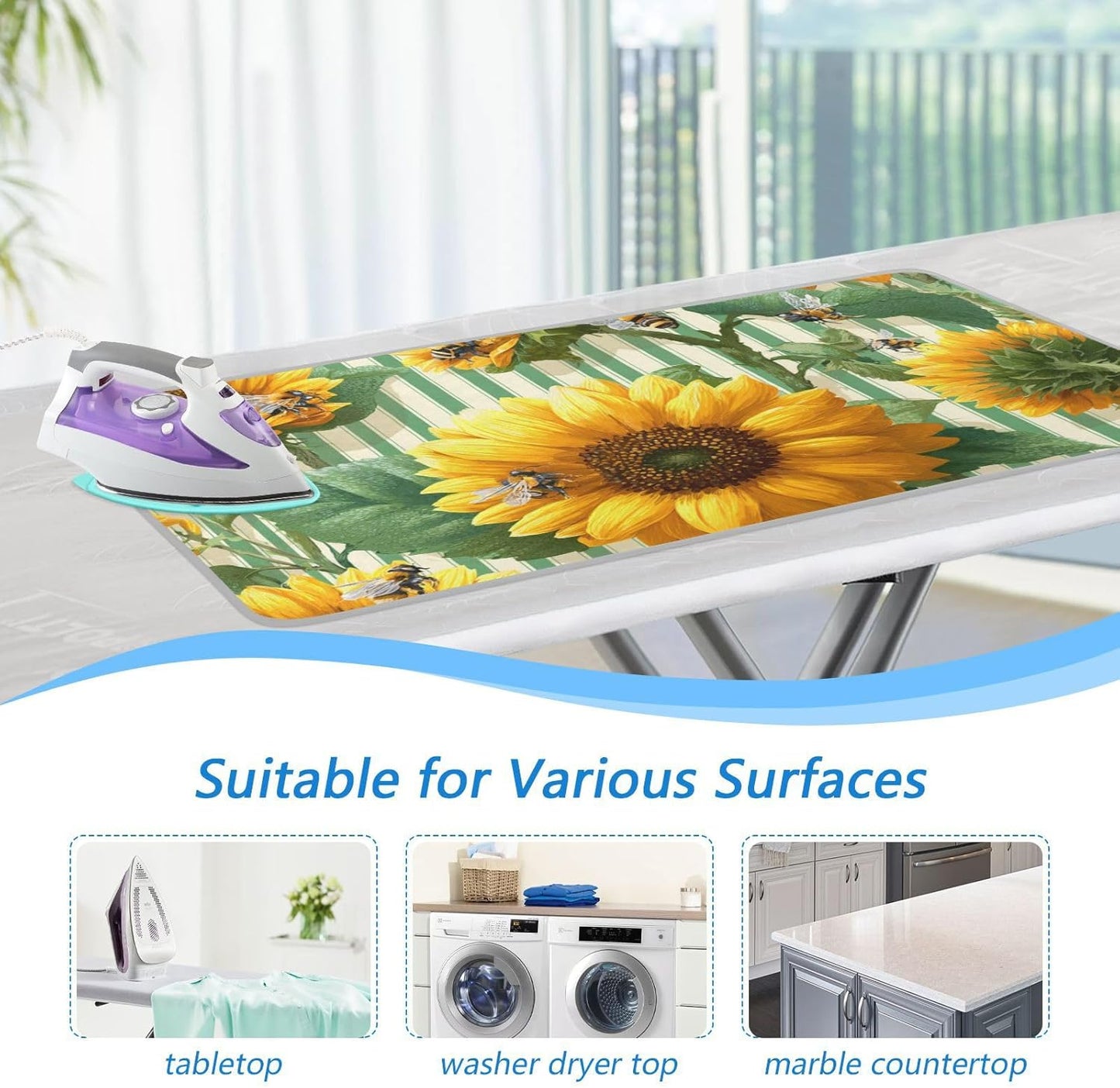 Green Striped Sunflowers and Bees Ironing Mat for Table top Portable Ironing Pad Blanket for Washer