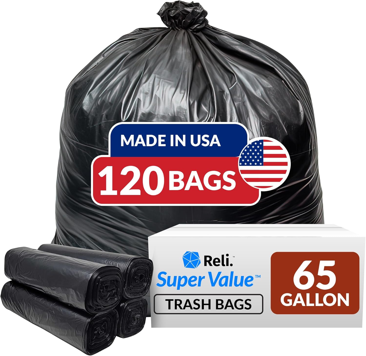 Reli. SuperValue 65 Gallon Trash Bags | 120 Count | Made in USA | Heavy Duty | Bulk | Black