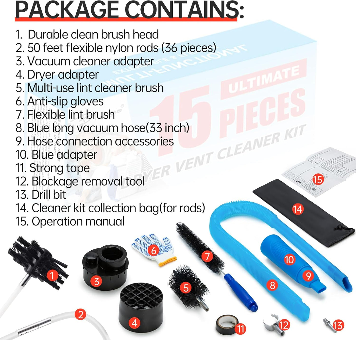 BLuesea Dryer Vent Cleaner Kit, 15-Piece Ultimate Dryer Cleaning Kit Include 50 Feet Dryer Vent