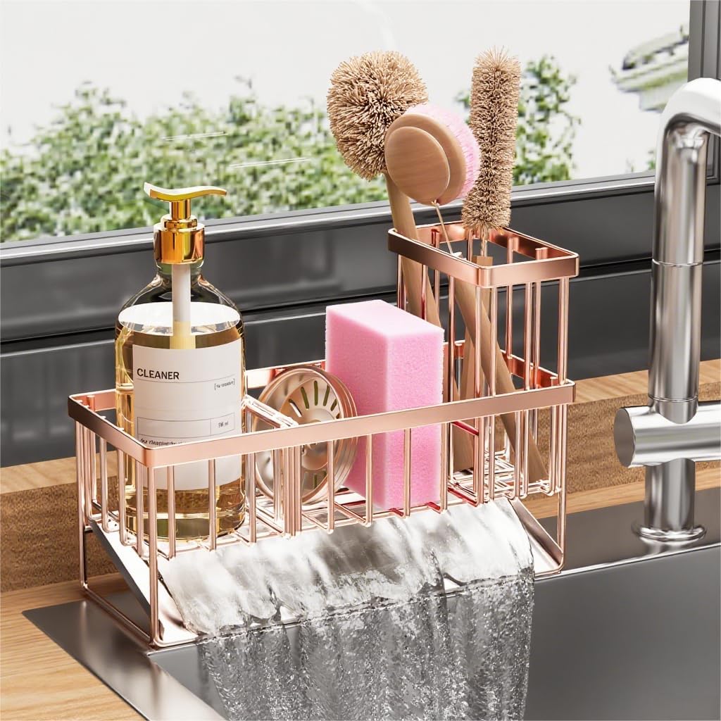 Cisily Sink Caddy Organzier with High Brush Holder, Sponge Holder for Sink, 304 Rustproof