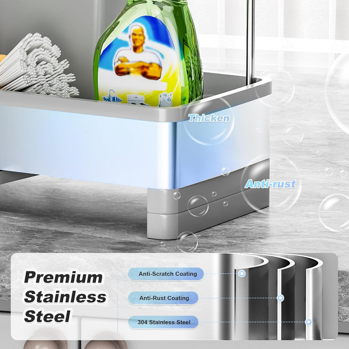 Stainless Steel Sink Caddy, Sponge Holder for Kitchen Sink with Brush Holder & Dishcloth Rack