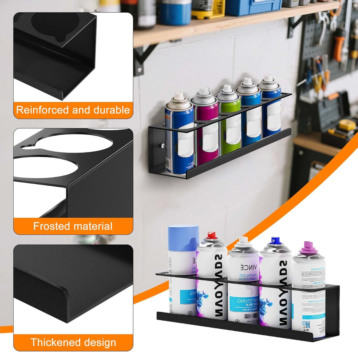 Wall-Mounted Spray Can Holder Rack Organize, 4 Pack Black Steel Aerosol Can Holder with Straw