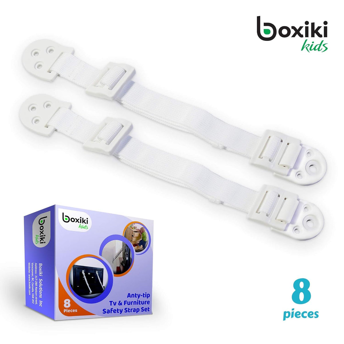 Boxiki Kids Adjustable Anti-Tip Furniture Anchors for Baby Proofing and Dresser Anchoring Kit. 8 PC