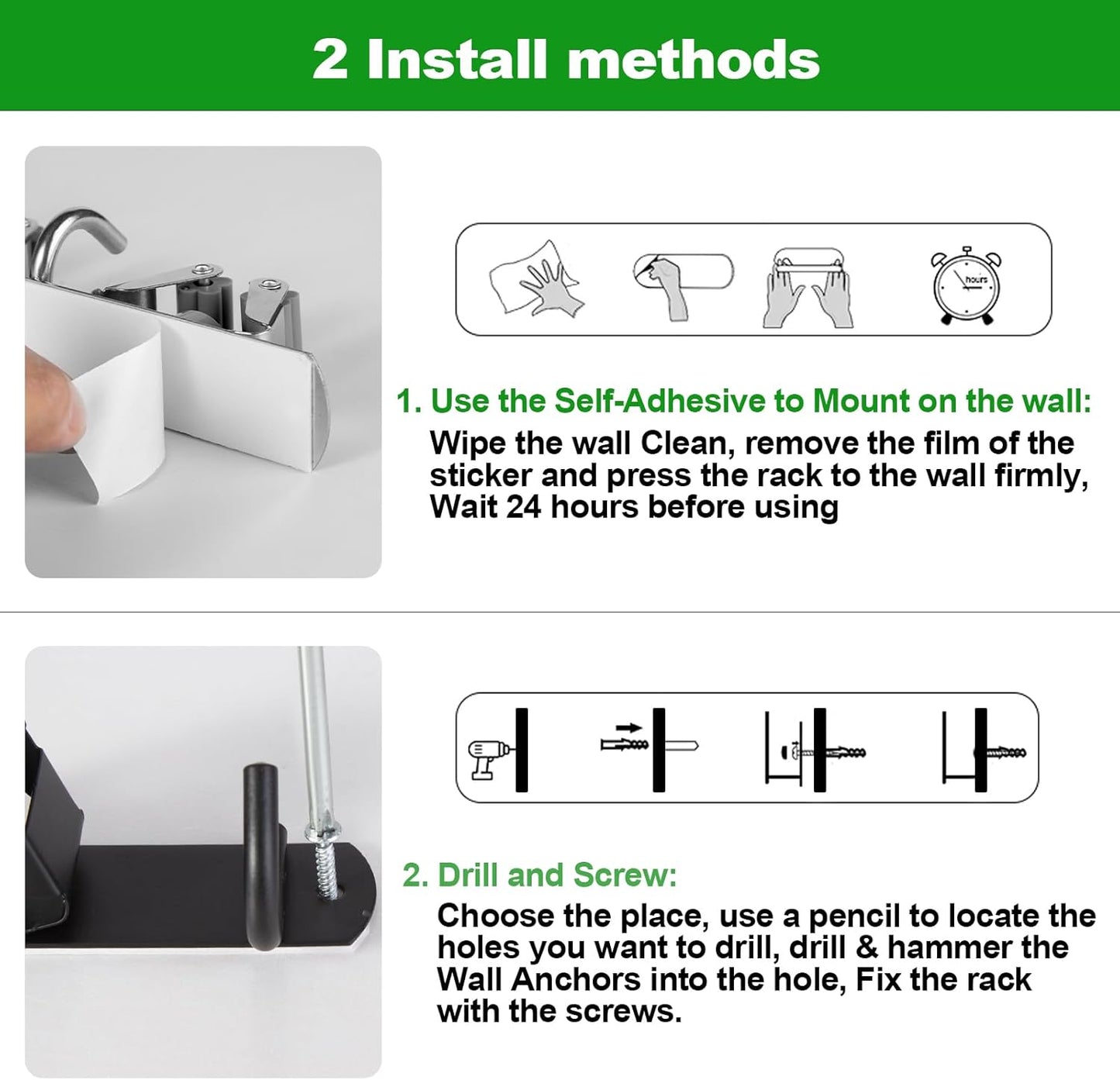 voze 2 Racks and 3 Hooks Mop and Broom Holder Wall Mount, Self Adhesive Heavy Duty Broom Organizer
