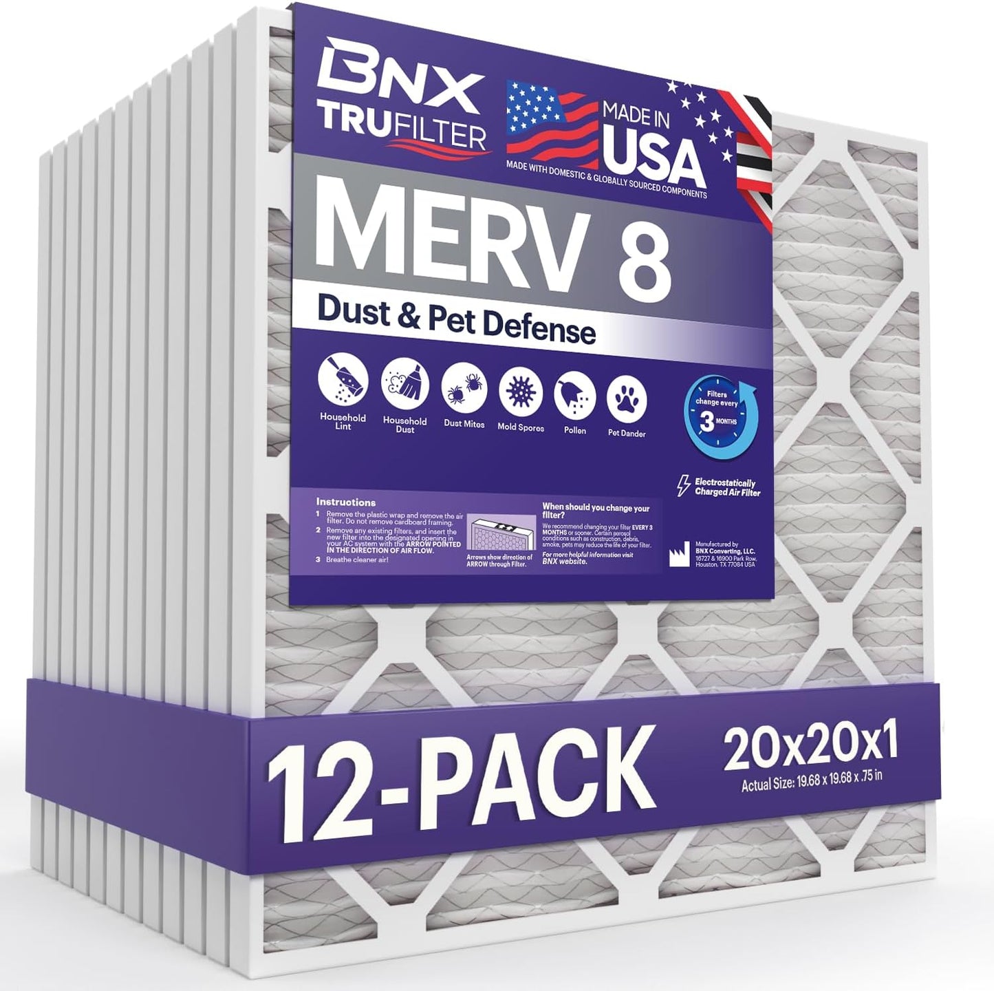 BNX TruFilter 20x20x1 Air Filter MERV 8 (12-Pack) - MADE IN USA – Dust & Pet Defense Electrostatic