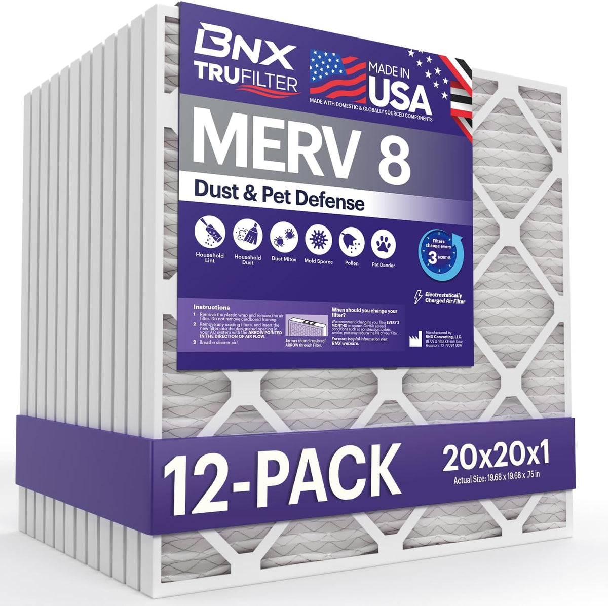 BNX TruFilter 20x20x1 Air Filter MERV 8 (12-Pack) - MADE IN USA – Dust & Pet Defense Electrostatic