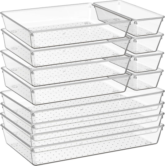 Criusia 12 Pack Large Clear Plastic Drawer Organizer Trays | MULTI-USE Acrylic Drawer Storage for