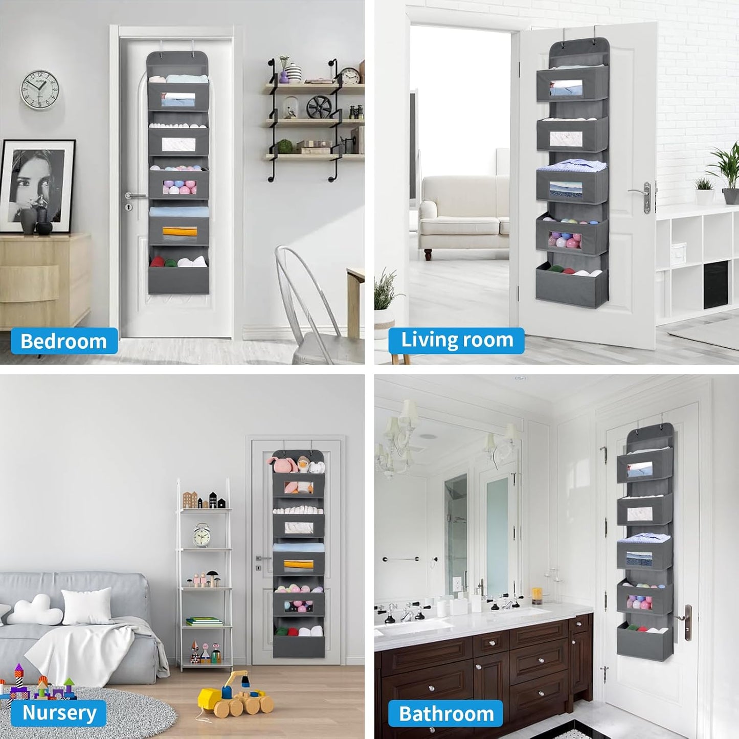 5-Shelf Over The Door Hanging Organizer with 2 Metal Hooks，5 Pocket Over The Door Wall Mount