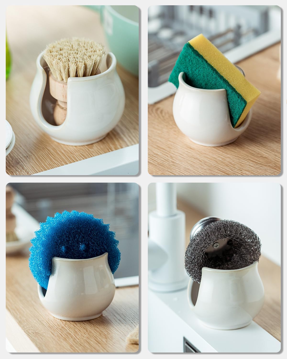 Sponge Holder for Kitchen Sink Counter, Ceramic Dish Sponge Caddy White Sink Organizer Dish Rack