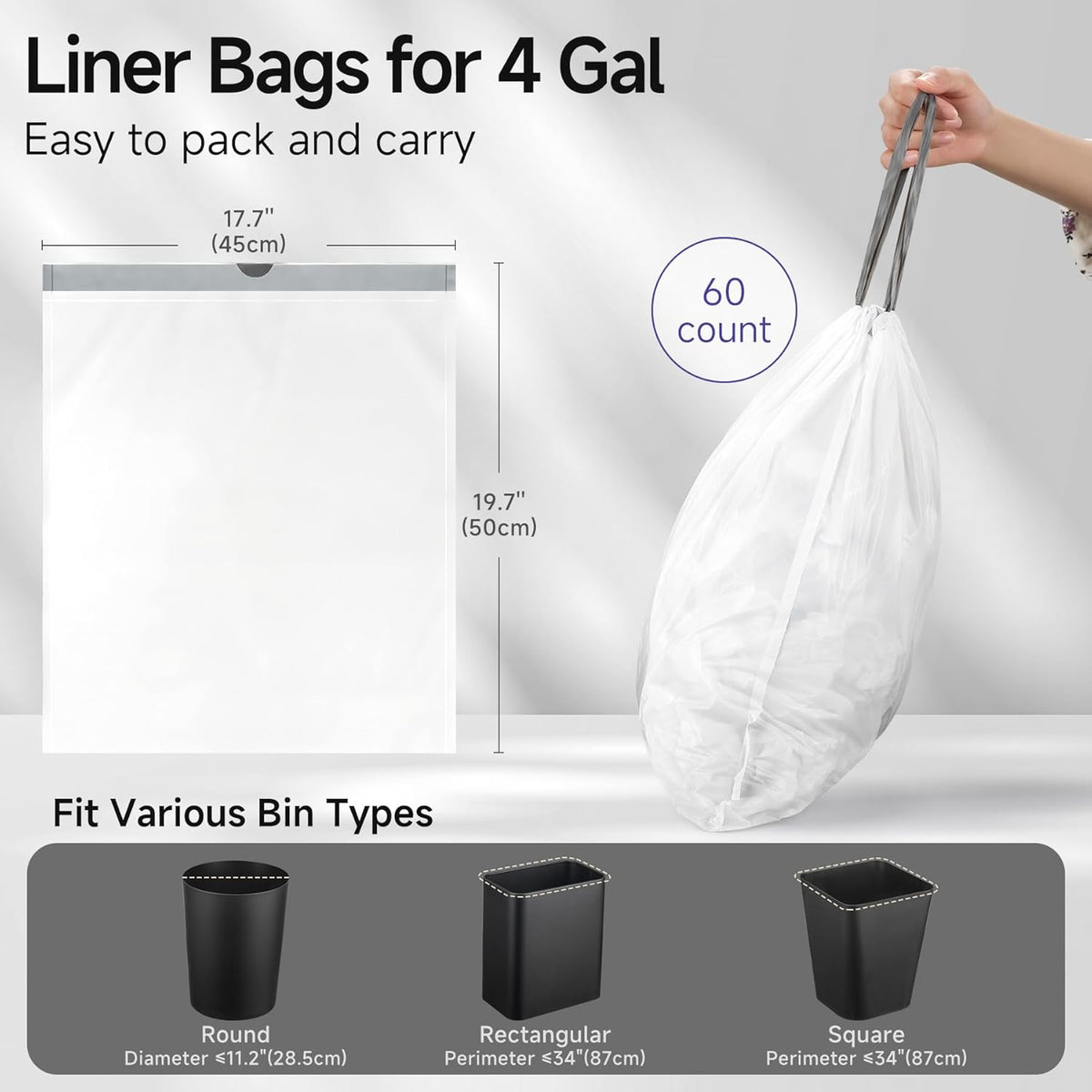Drawstring 4 Gallon Trash Bags, Pre-Cut Strong Wastebasket Bin Liners, White Garbage Bags for Home