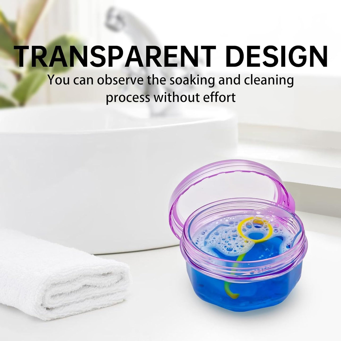 Leakproof Denture Case Purple Denture Soaking Cup False Teeth Container, Dental Denture Bath Holder