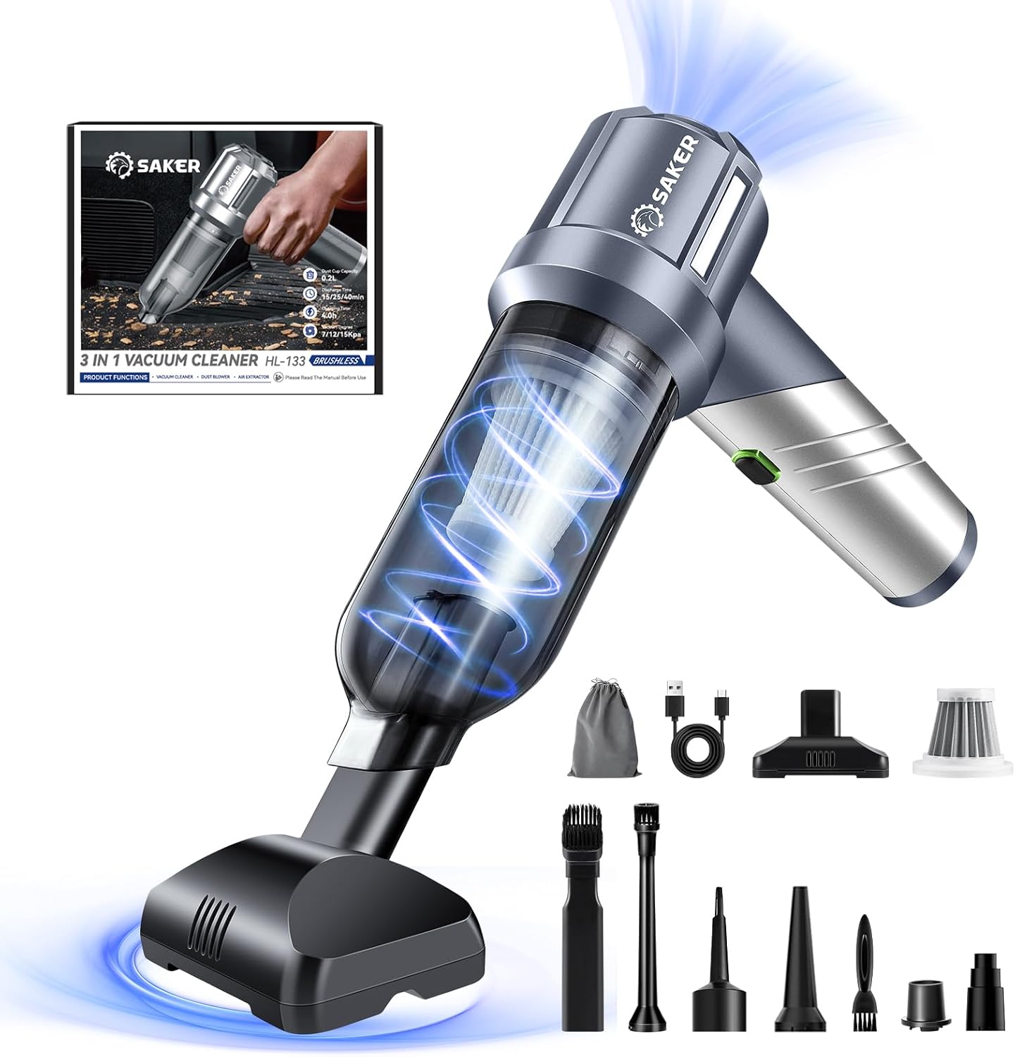 Saker Car Vacuum Portable Cordless, Foldable Mini Handheld Vacuum Cordless and Air Duster 17000PA