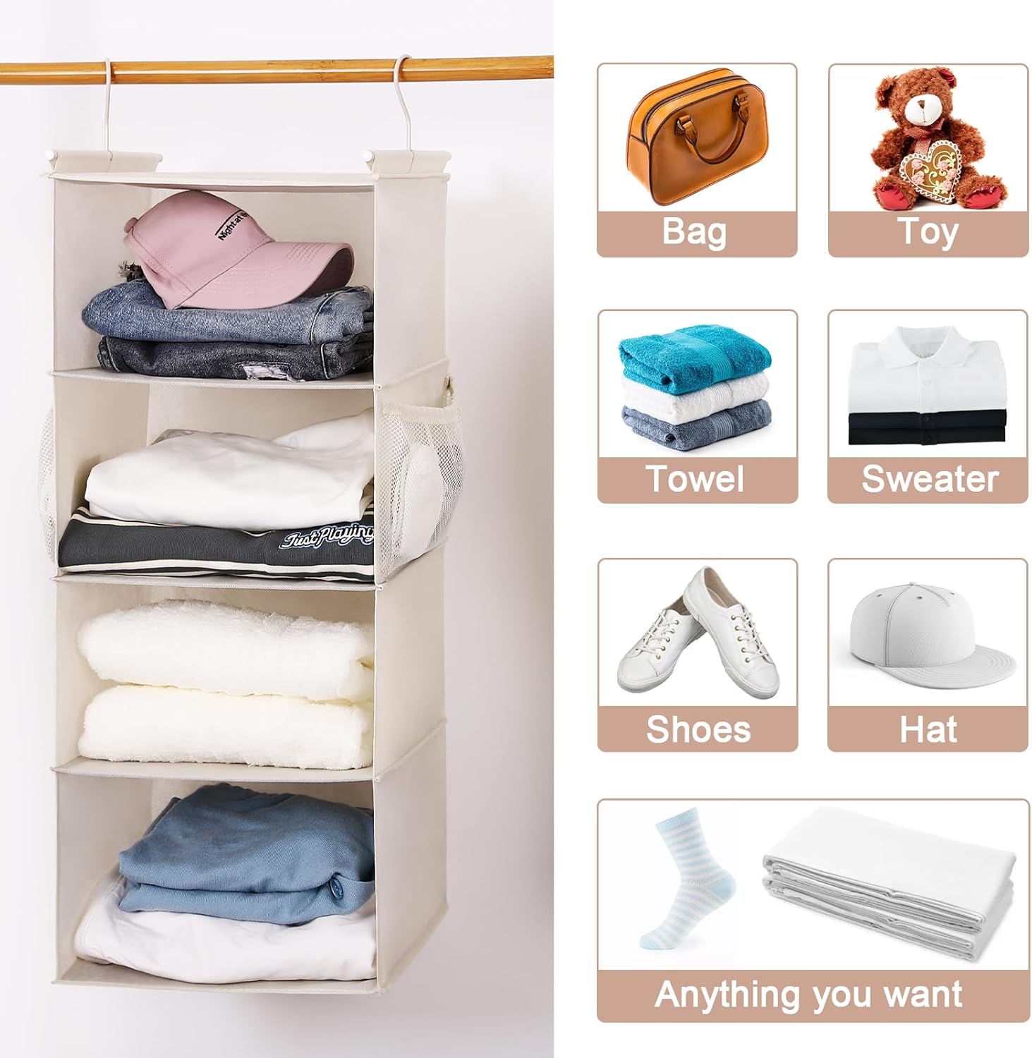 MAX Houser 4 Tier Shelf Hanging Closet Organizer, Space Saver,Closet Hanging Shelf with 2 Sturdy
