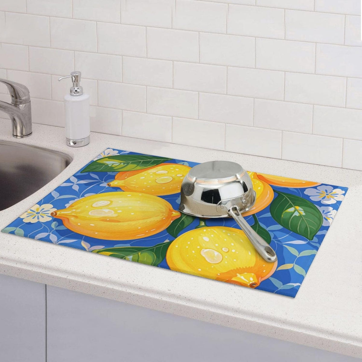 lemon Dish Drying Mat Highly Absorbent Double-Sided Microfiber with Hanging Loop Reversible Drain