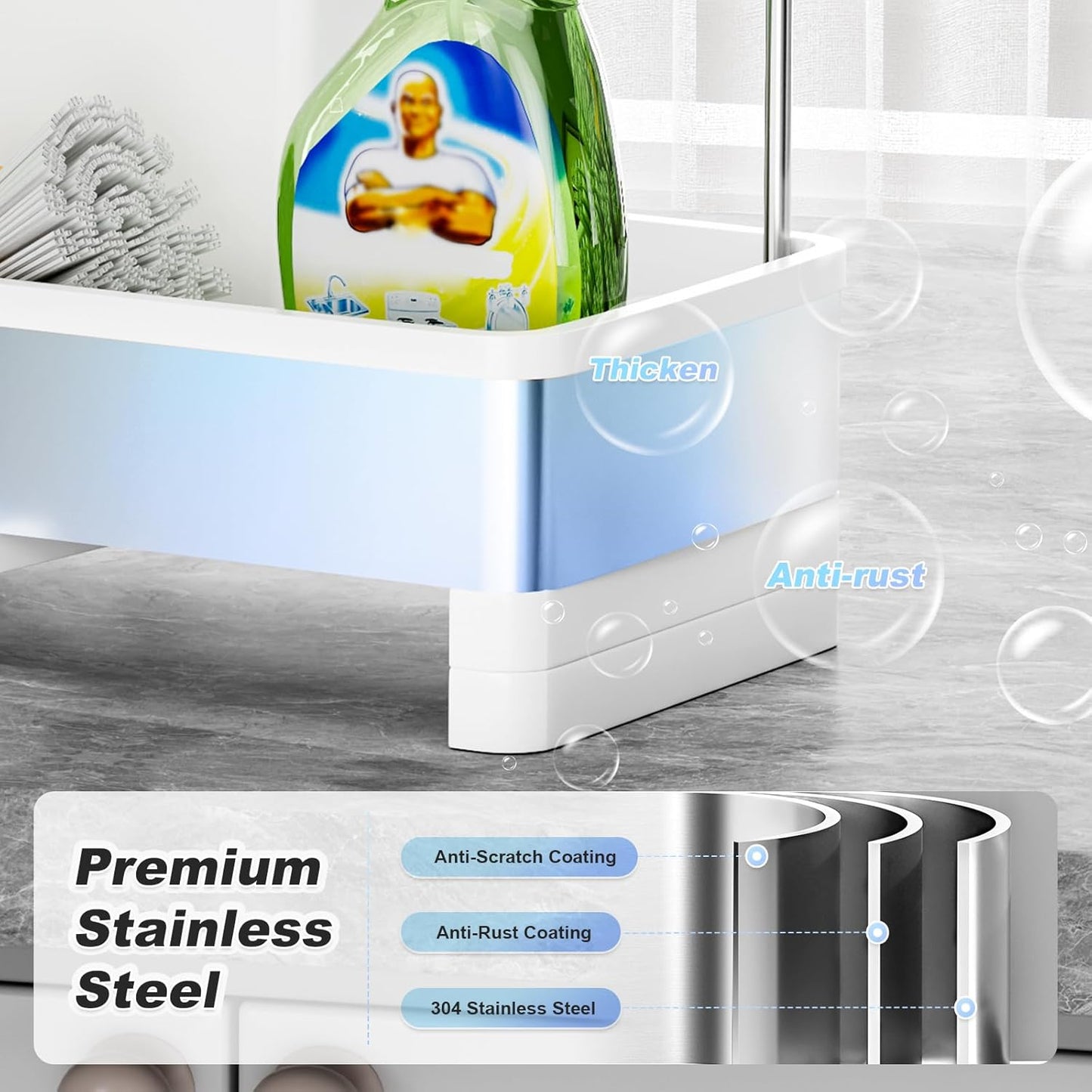 Stainless Steel Sink Caddy, Sponge Holder for Kitchen Sink with Brush Holder & Dishcloth Rack