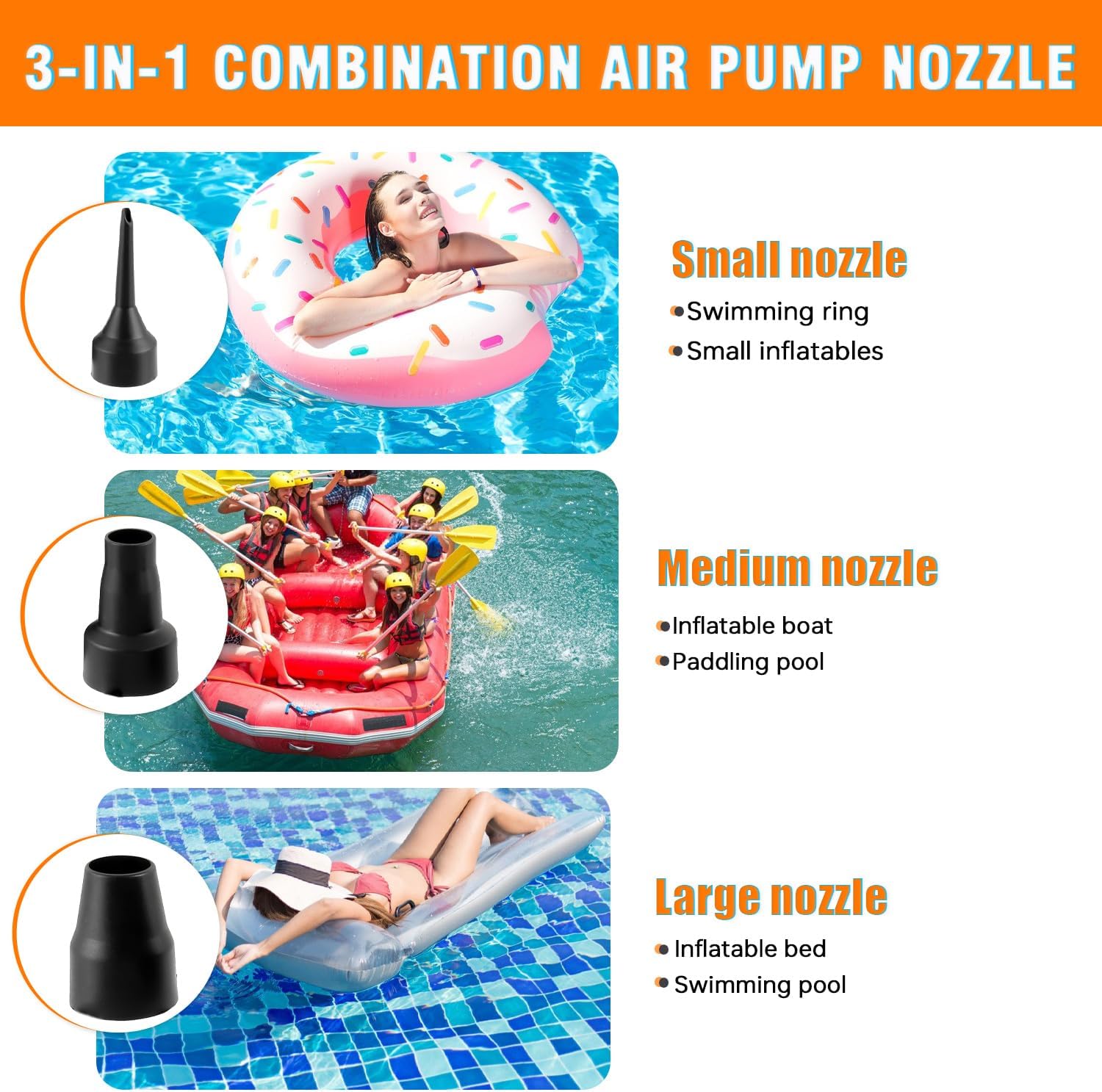 Air Pump Replacement Nozzles, 3 Set Replacement Nozzles, 3 Sizes Air Pump Attachments for