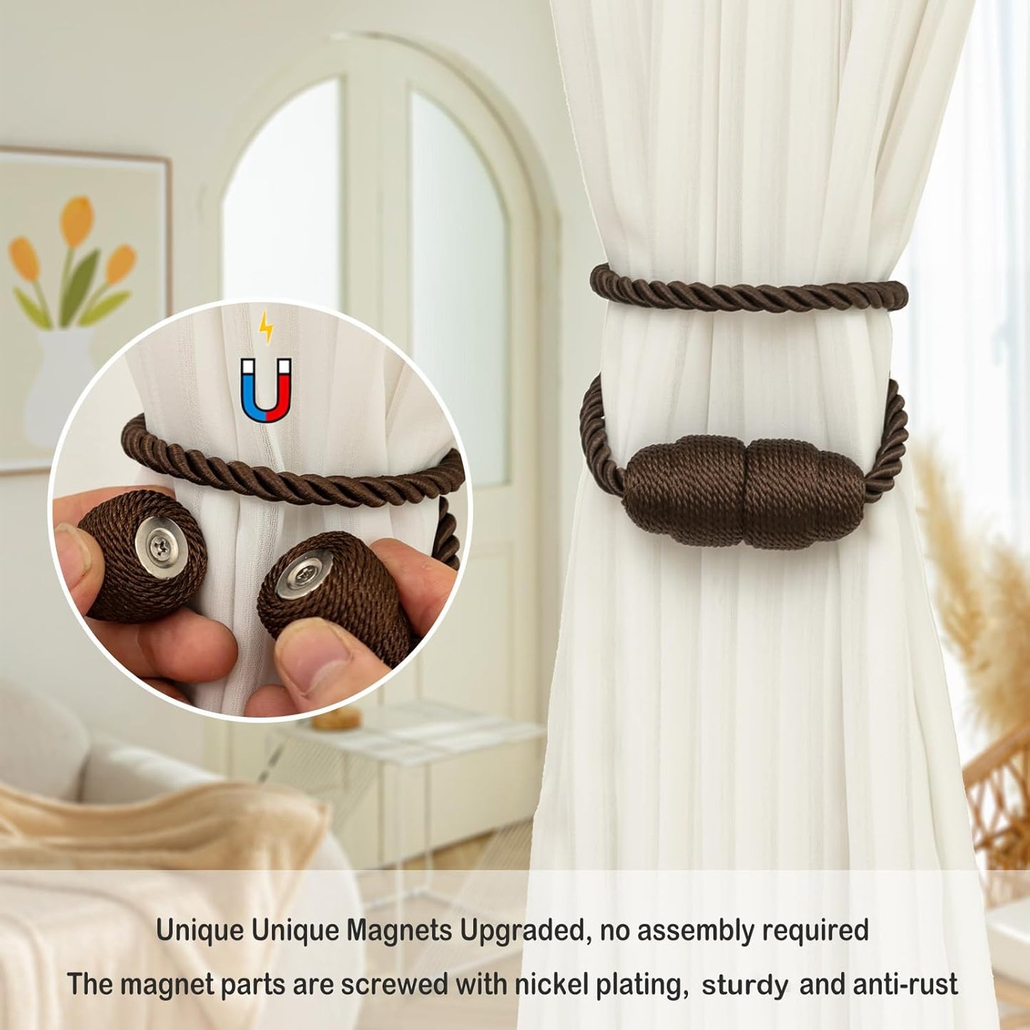 Magnetic Curtain Tiebacks Rope Curtain Tie Backs for Curtains 2 Pack Curtain Holders for Drapes