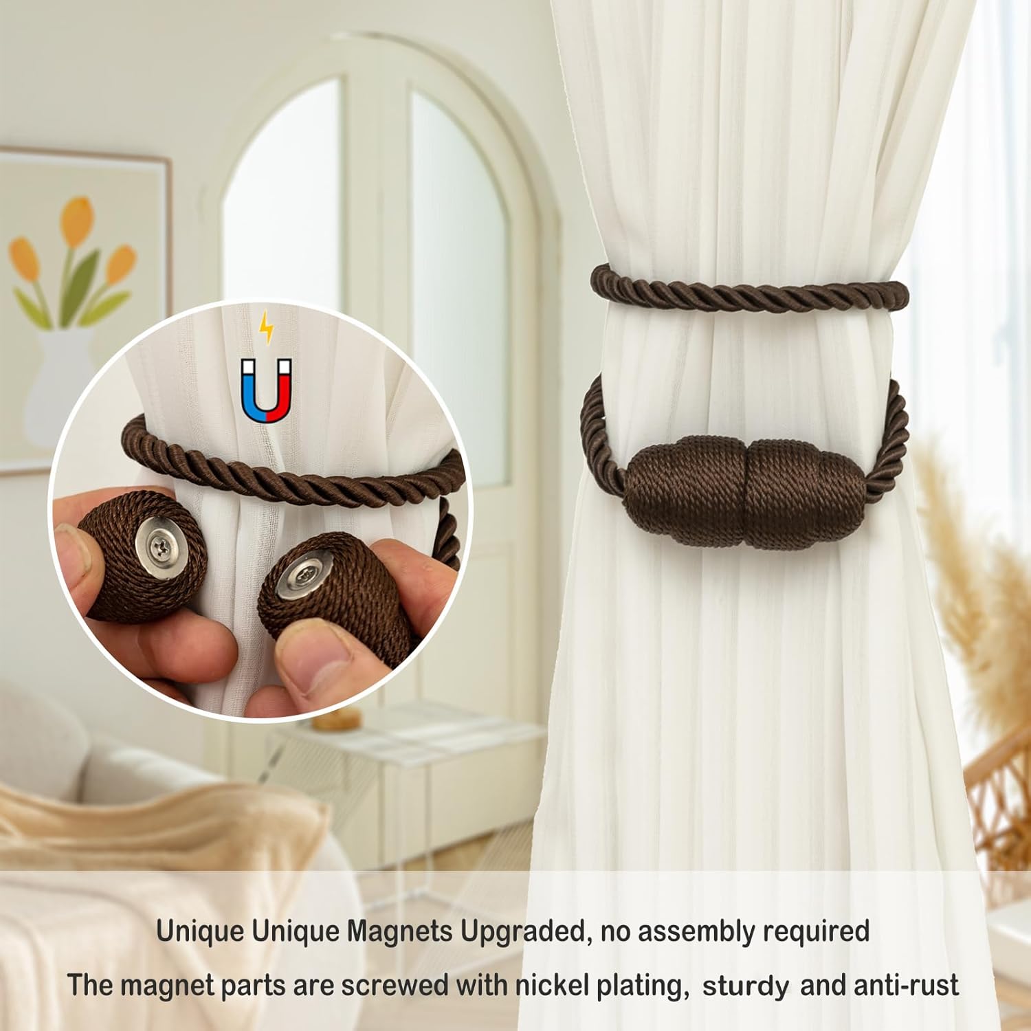Magnetic Curtain Tiebacks Rope Curtain Tie Backs for Curtains 2 Pack Curtain Holders for Drapes