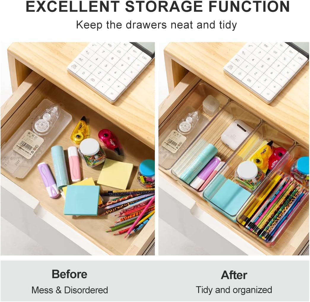 Hudgan 8 Pack Clear Plastic Drawer Organizers Set, Stackable Deep Drawer Organizer for Makeup