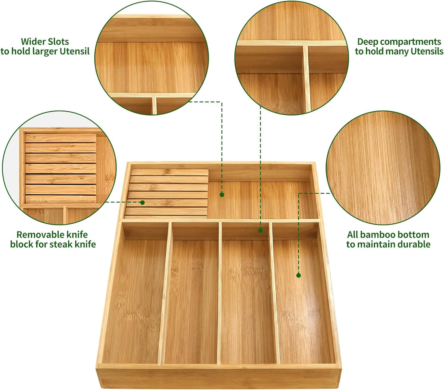 VaeFae Bamboo Silverware Organizer (Non-expandable), Utensil Holder for Drawer, Wooden Cutlery Tray