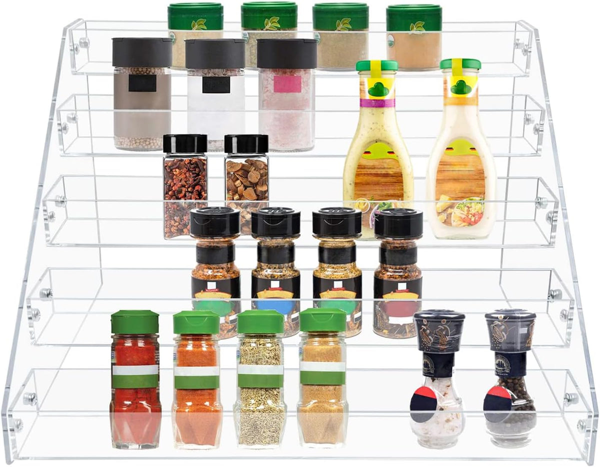 PMMASTO Tiered Spice Rack, Seasoning Organizer, Clear Acrylic Vertical Shelves Can Organizer for