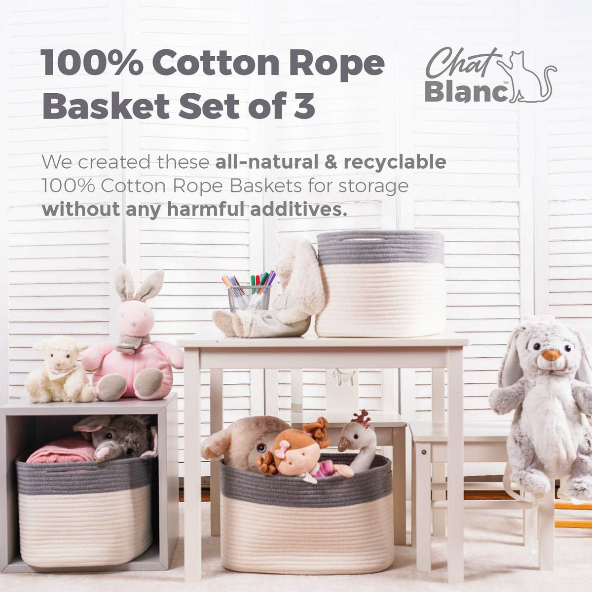 CHAT BLANC Cotton Rope Baskets for Organizing | Storage Baskets for Shelves | Rope Basket for