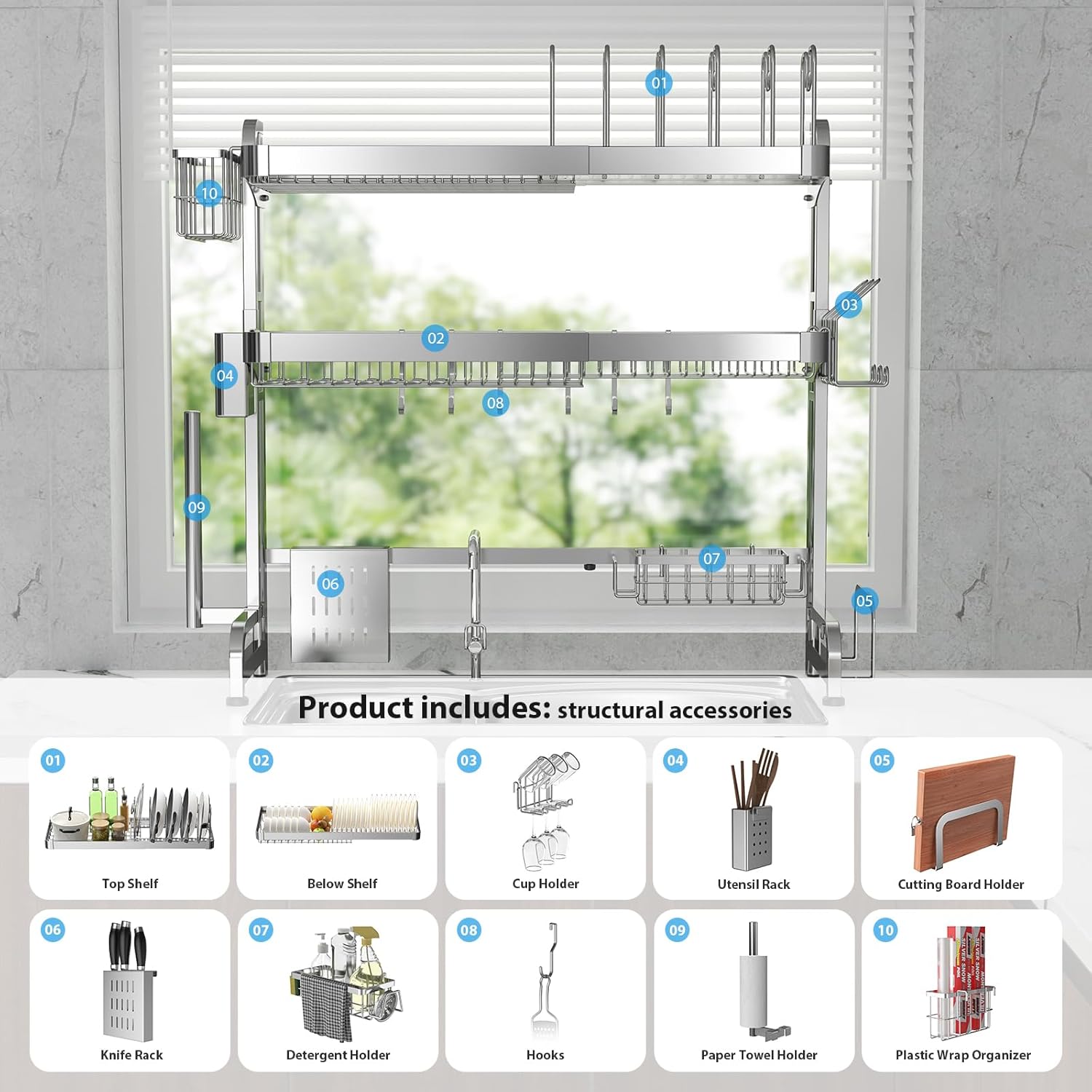 Over The Sink Dish Drainer Drying Rack, Full Stainless Steel 3-Tier Adjustable Length Over Sink