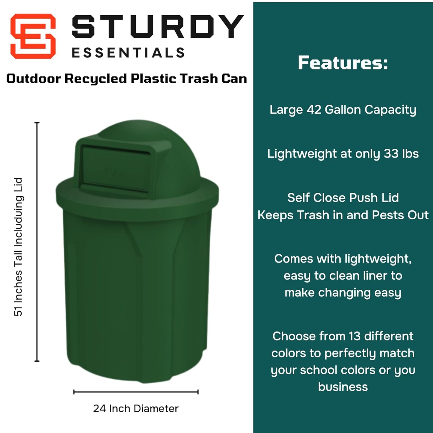 42 Gallon Circle 100% Recycled Plastic Heavy Duty Outdoor Commercial Trash Can with Push Open Dome