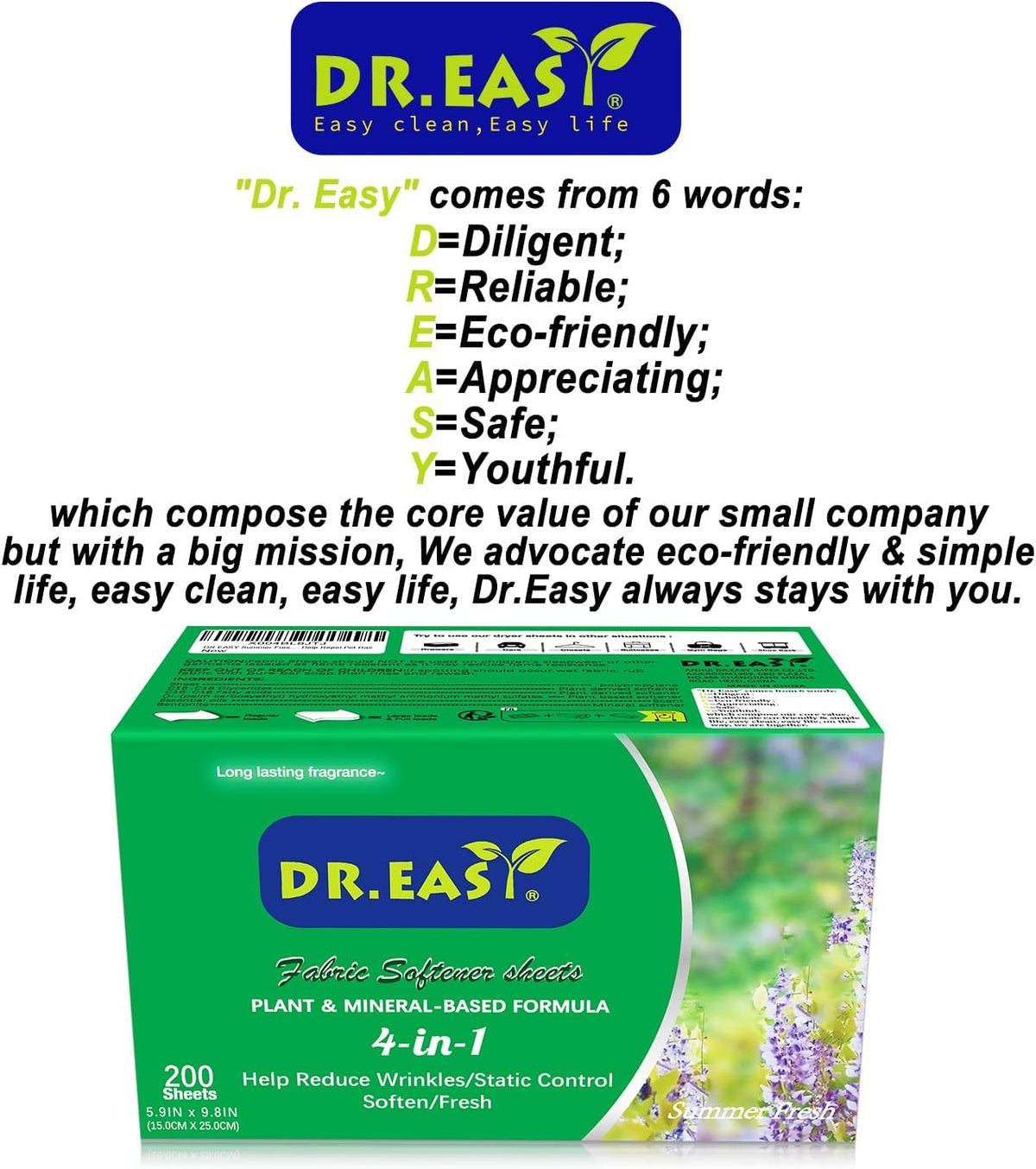 DR.EASY SUMMER FRESH Dryer Sheets Plant Based Formula 200 Ct Fabric Softener sheets for Laundry