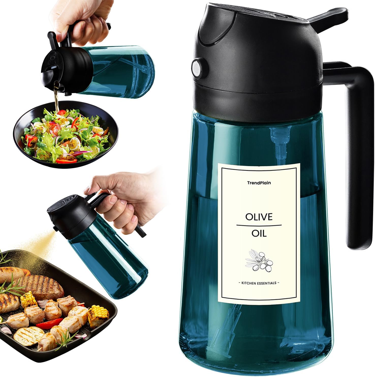 TrendPlain 16oz/470ml Blue Glass Olive Oil Sprayer for Cooking - 2 in 1 Olive Oil Dispenser for