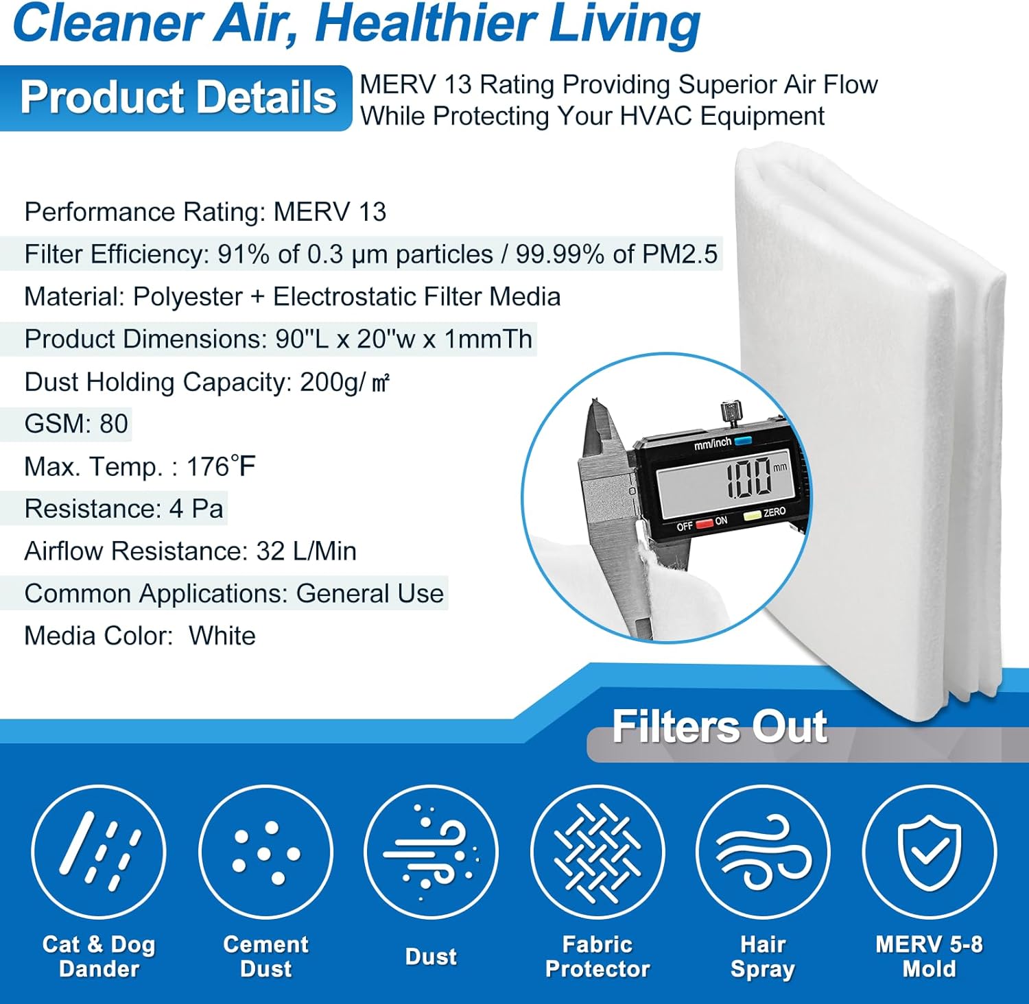 UCINNOVATE MERV 13 Filter Media 20"x90", 12.5 Ft² Cut to Fit Electrostatic Air Vent Filters with