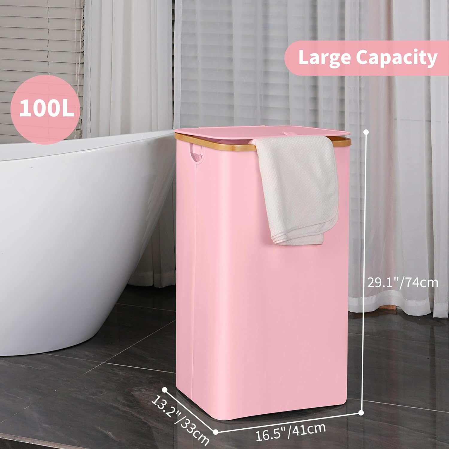 26 Gal Laundry Basket with Lid and Net Bag, Tall Laundry Hamper with Bamboo Handles, Aesthetic