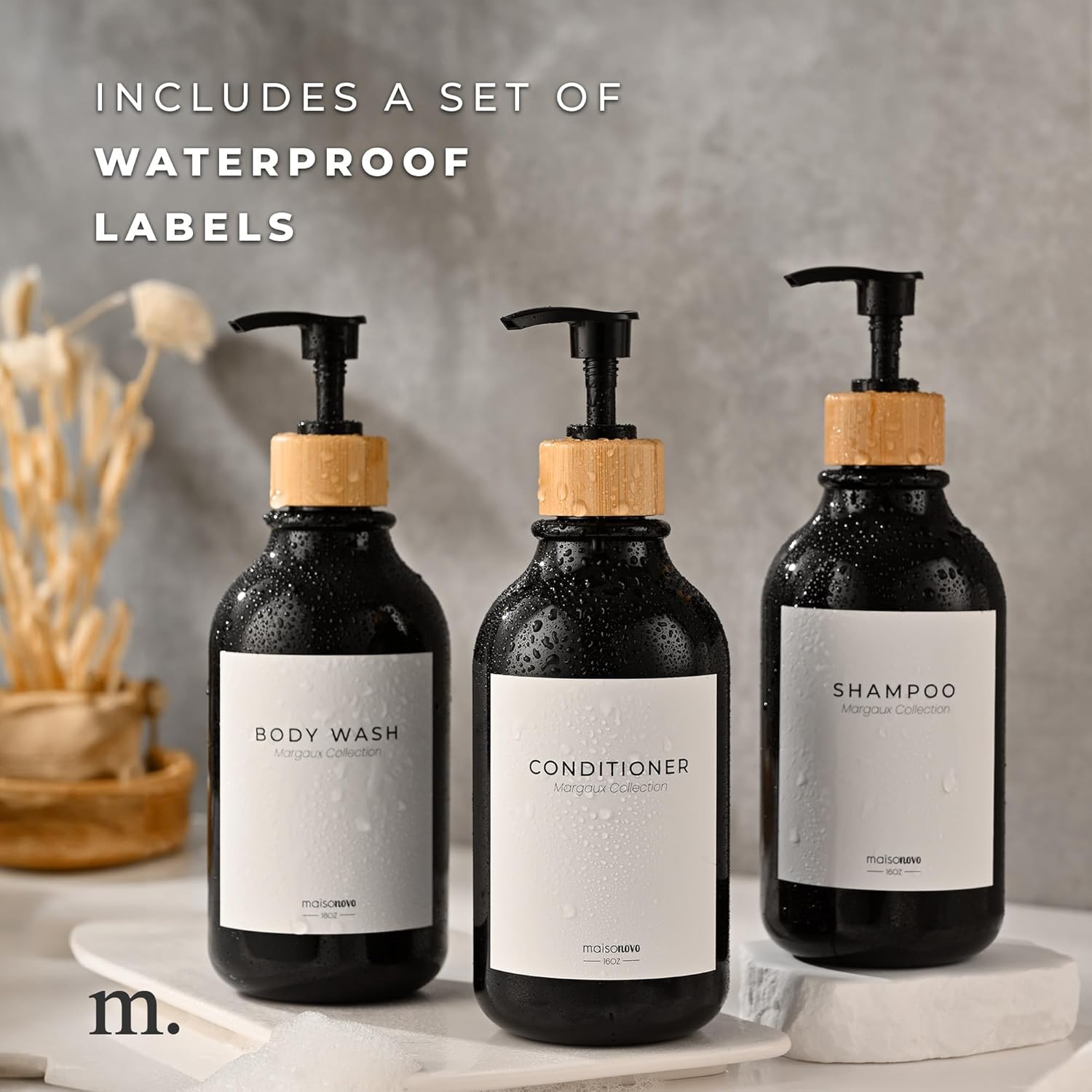 MaisoNovo Refillable Shampoo and Conditioner Bottles | 16.9 fl oz Set of 3 Black Plastic Bottles
