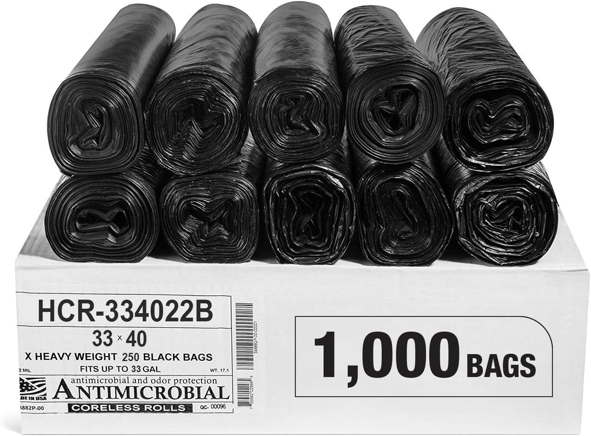 Aluf Plastics High Density Trash Bags, 33 Gallon, 1000 Count, 22 Micron (eq), 33" x 40", Black, for