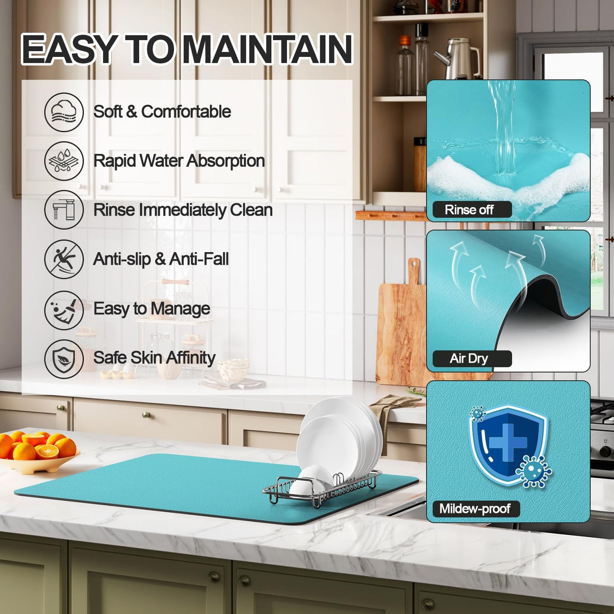 Dish Drying Mat for Kitchen Counter | Coffee Bar Mat for Countertops | Heat Resistant Drainer Mat