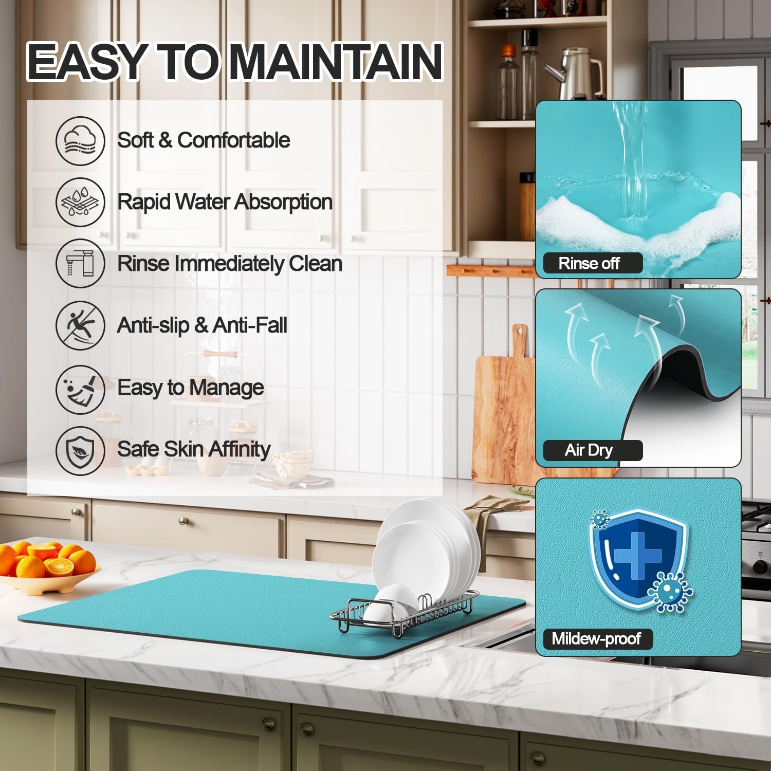 Dish Drying Mat for Kitchen Counter | Coffee Bar Mat for Countertops | Heat Resistant Drainer Mat