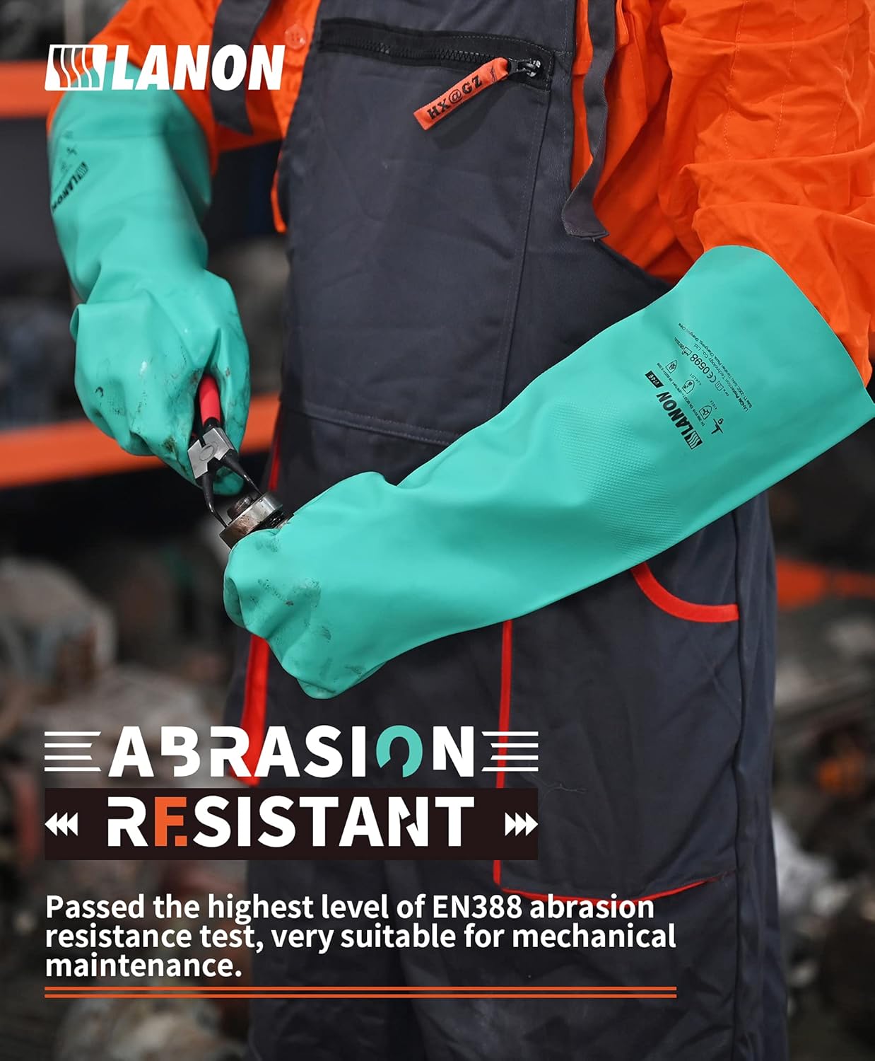 LANON Nitrile Chemical Resistant Gloves, Reusable Heavy Duty Safety Work Gloves, Acid, Alkali and