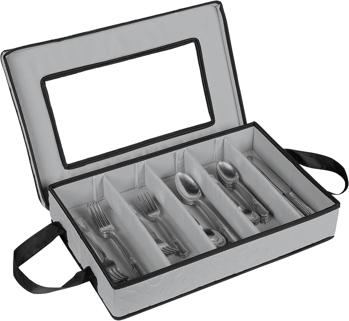 Flatware Storage Case - Durable 5 Compartment Silverware Storage Container Box with Removable Lid