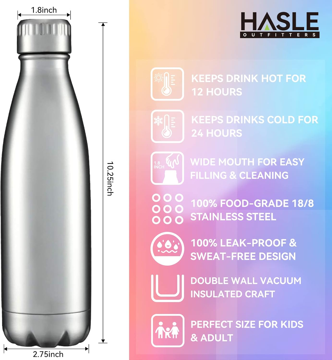 HASLE OUTFITTERS 17oz Stainless Steel Water Bottles Bulk, Vacuum Insulated Water Bottles Double