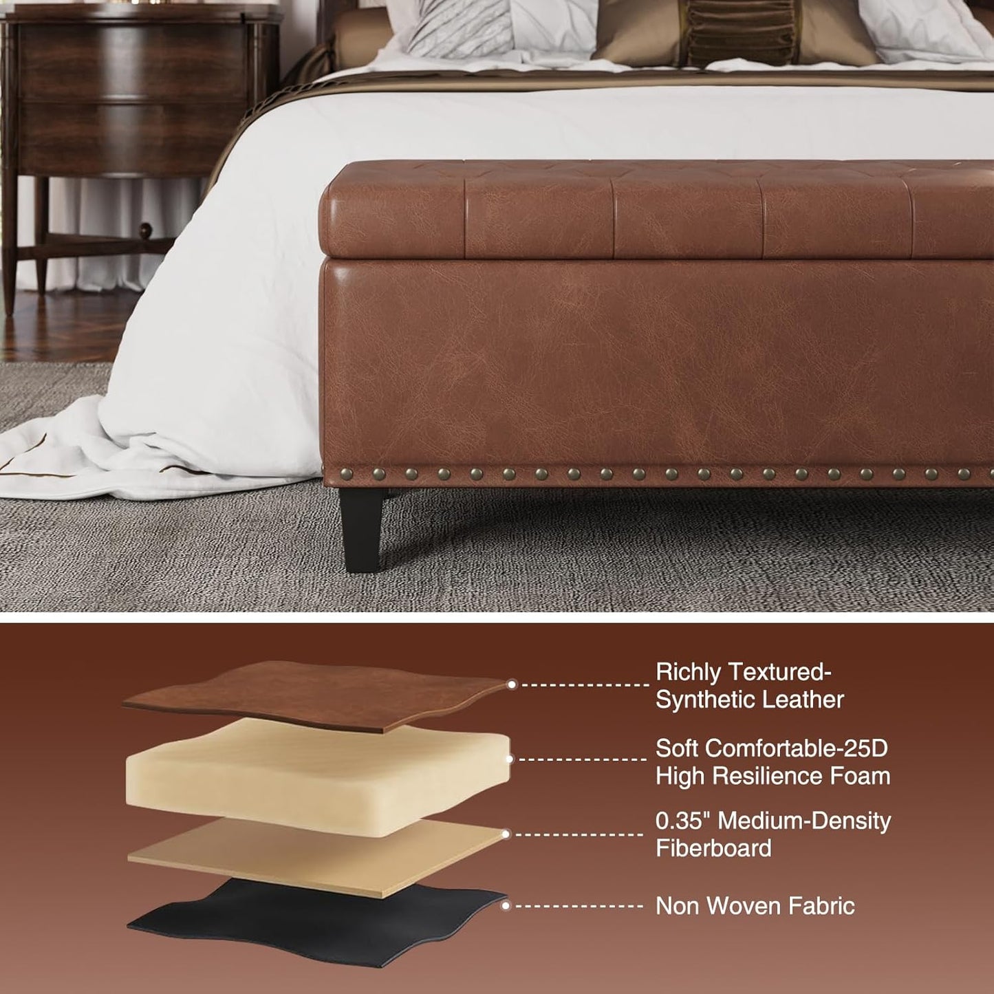 Storage Ottoman Bench, 51-Inch Large Storage Bench for Bedroom End of Bed, 30 Gallons Faux Leather