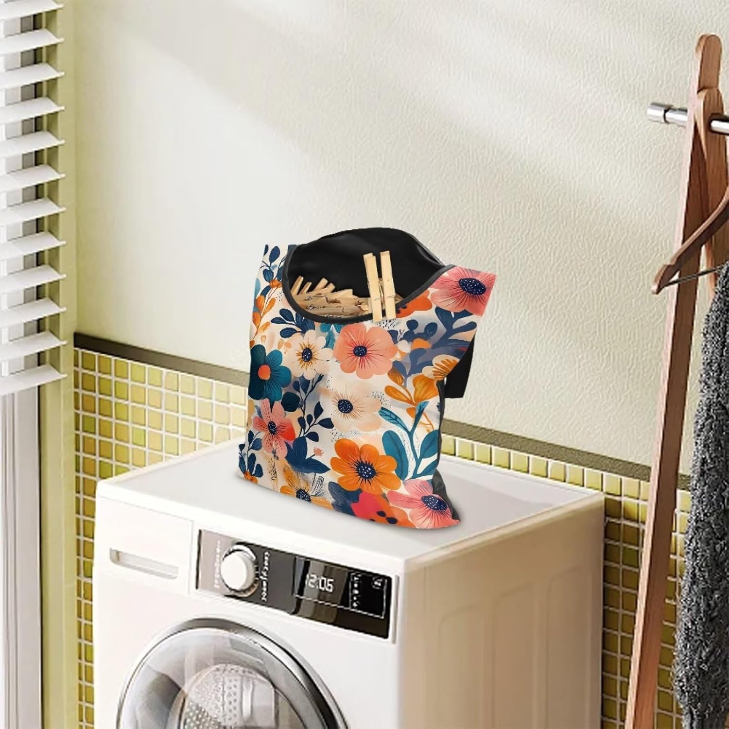 Colorful Gorgeous Flowers Rotatable Clothespin Storage Bag - Large Opening Waterproof Organizer for