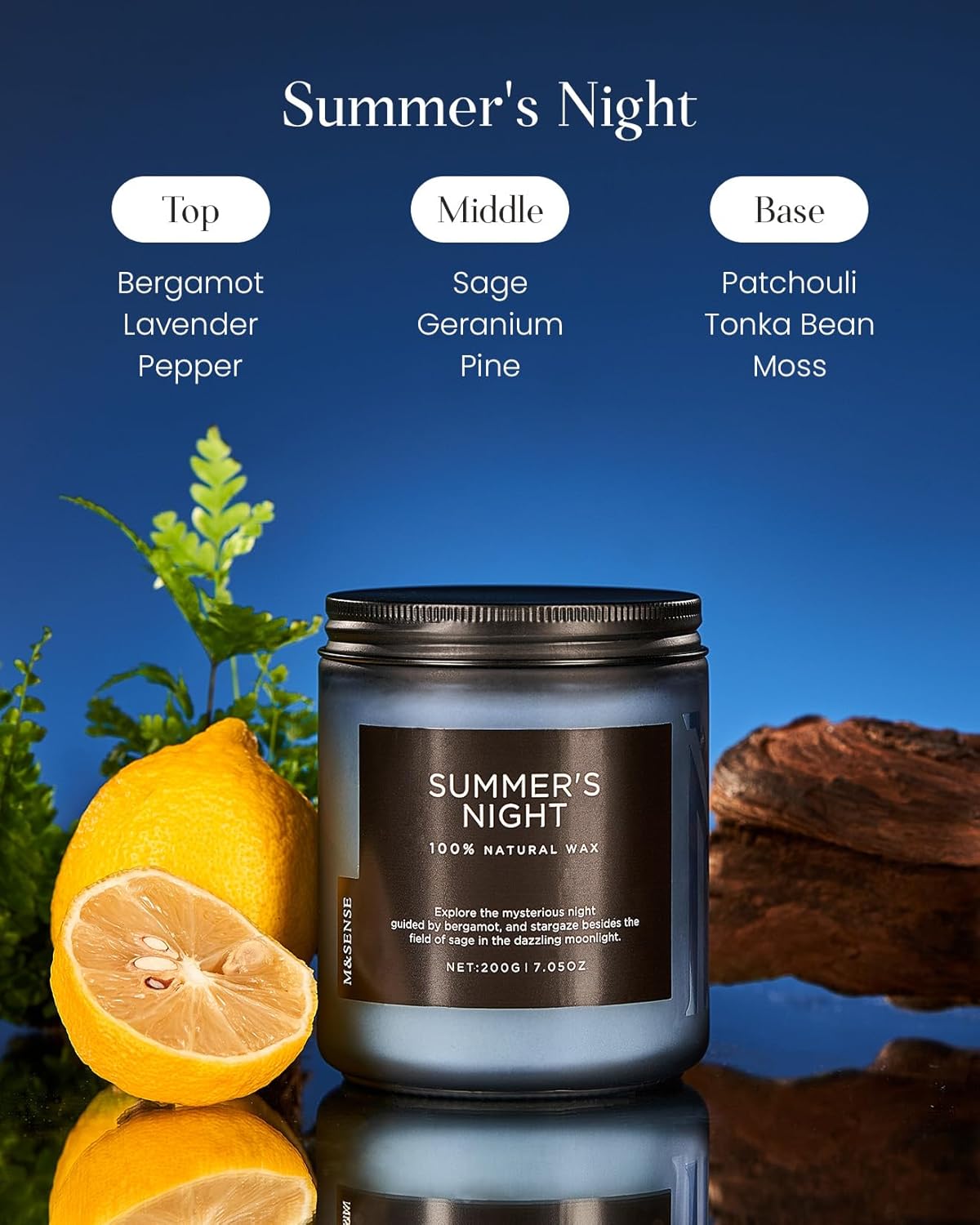 M&SENSE Summer's Night Scented Candle, All Natural Soy Wax Clean Non Toxic Manly Candle for Home